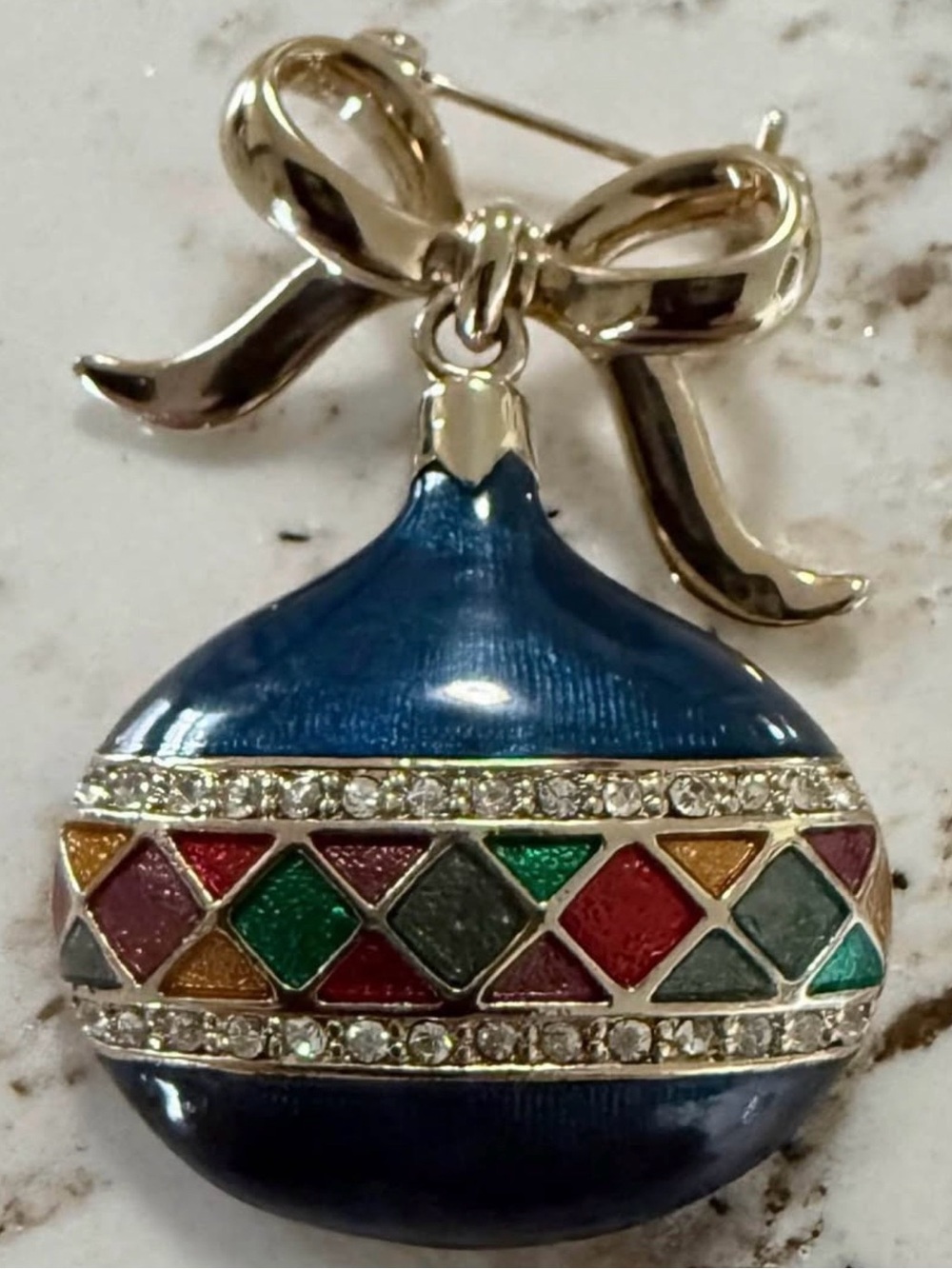 Vintage Signed Monet Cobalt Blue Enamel Christmas Ball Ornament Brooch - Picture 3 of 5